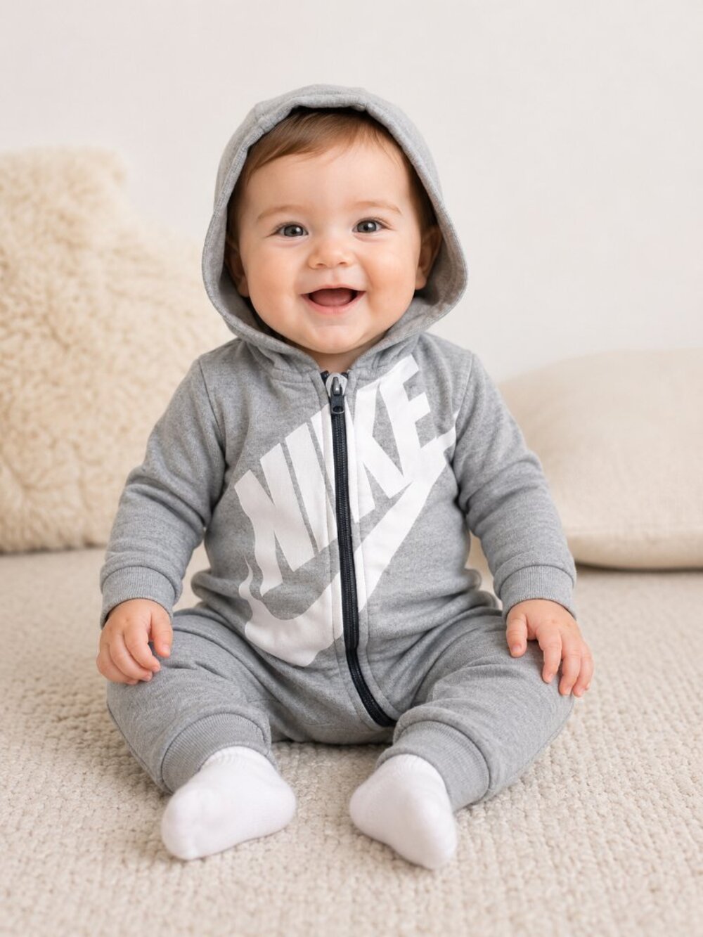 Nike Baby Hooded Romper 6-9 Months Gray Zip-Up One Piece Jumpsuit Logo
